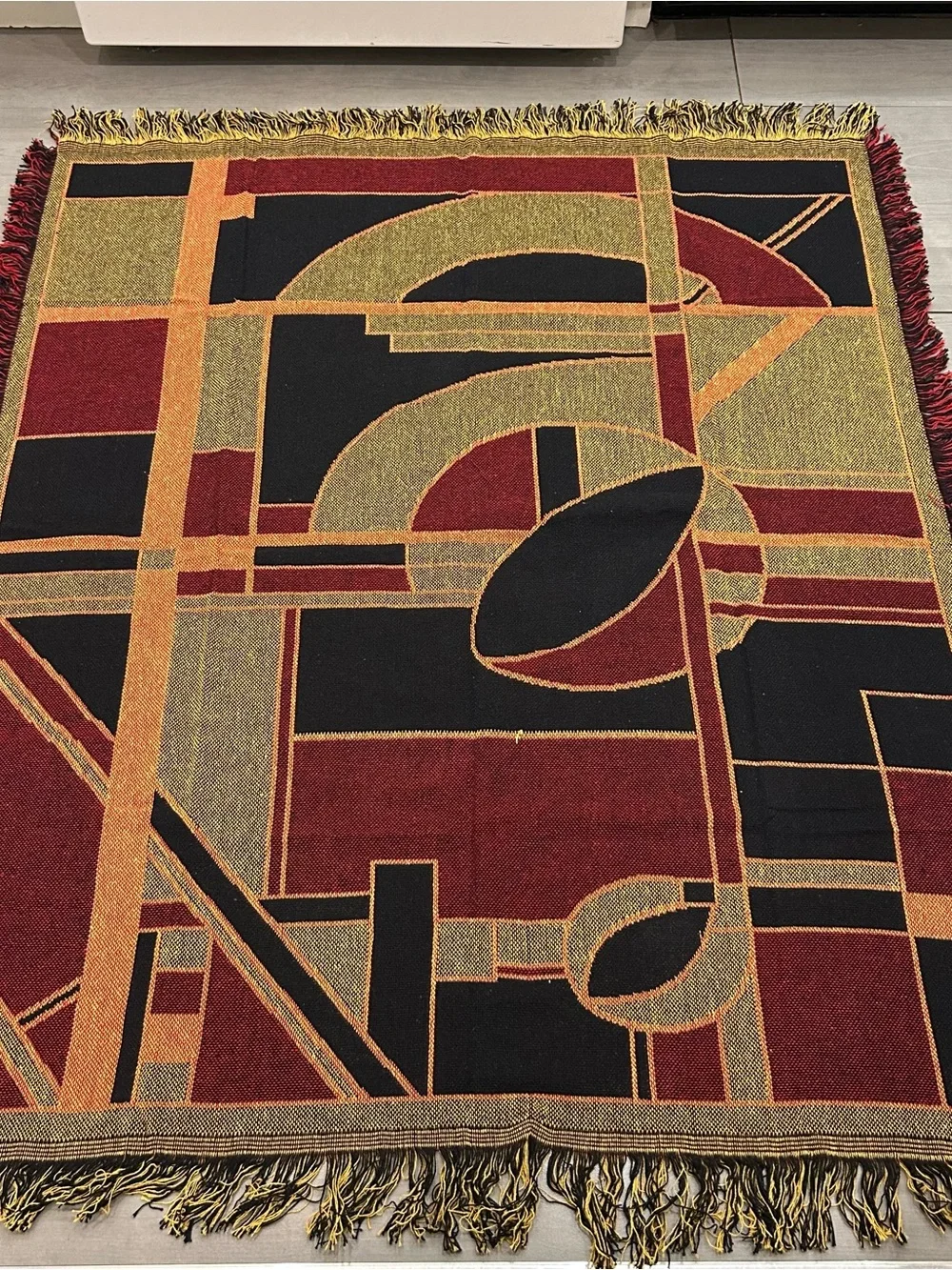 Vintage 90s WGM Abstract Geometric Tapestry Throw Woven Blanket Fringe 44x52